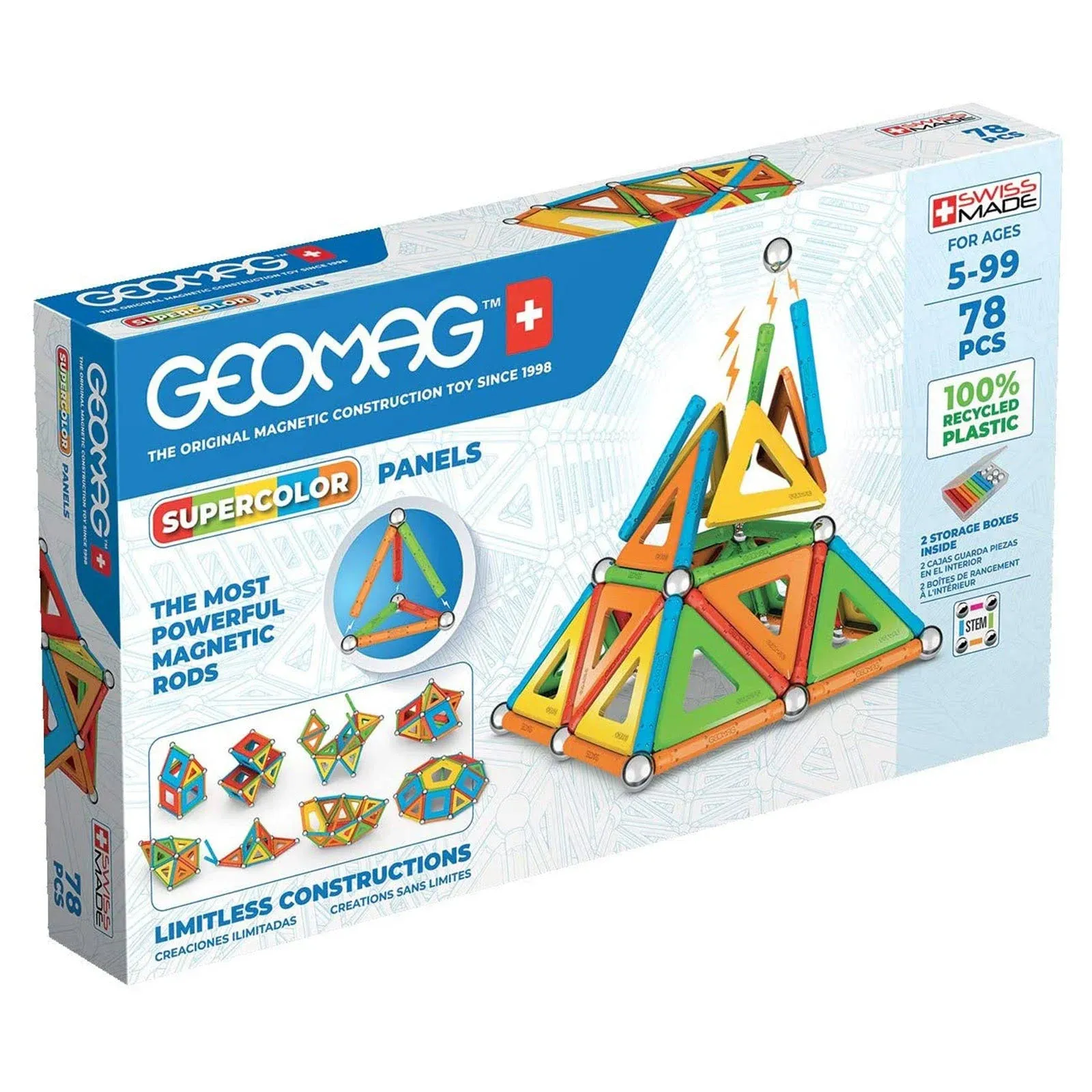 GEOMAG Magnetic Toys | 78 Pieces | Magnets for Kids | STEM-endorsed Educational Building Set | 100% Recycled Plastic SUPERCOLOR Panels | Storage box | Age 5+