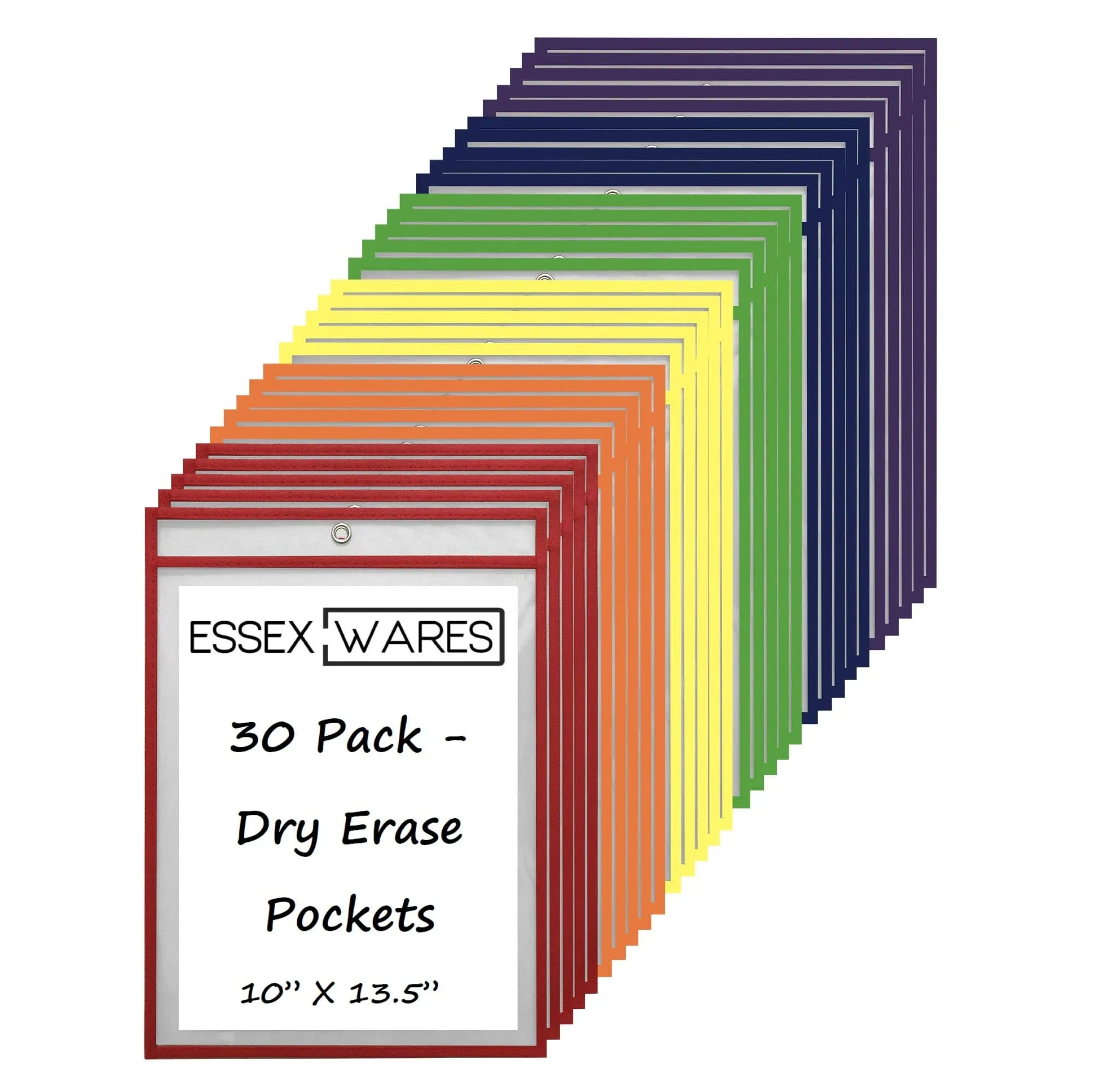 30 Pack, Assorted, Dry Erase Pocket Document Protectors,10" Wide x 13.5" Tall - Dry Erase Clear Plastic Sleeves - Reusable & Easy Erase Plastic Invoice Holders, Water-Resistant & Durable