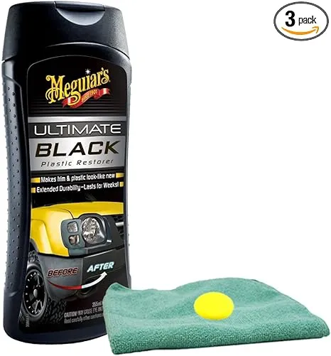 Meguiar's Ultimate Black Plastic Restorer (12 oz) Bundle with Microfiber Cloth & Foam Pad (3 Items)