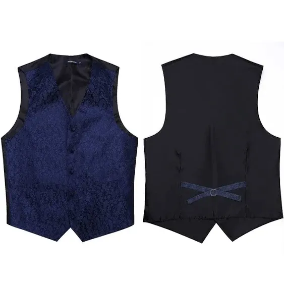 HISDERN 3PC Men's Paisley Floral Jacquard Suit Vest & Necktie and Pocket Square Formal Waistcoat for Tuxedo Wedding Party