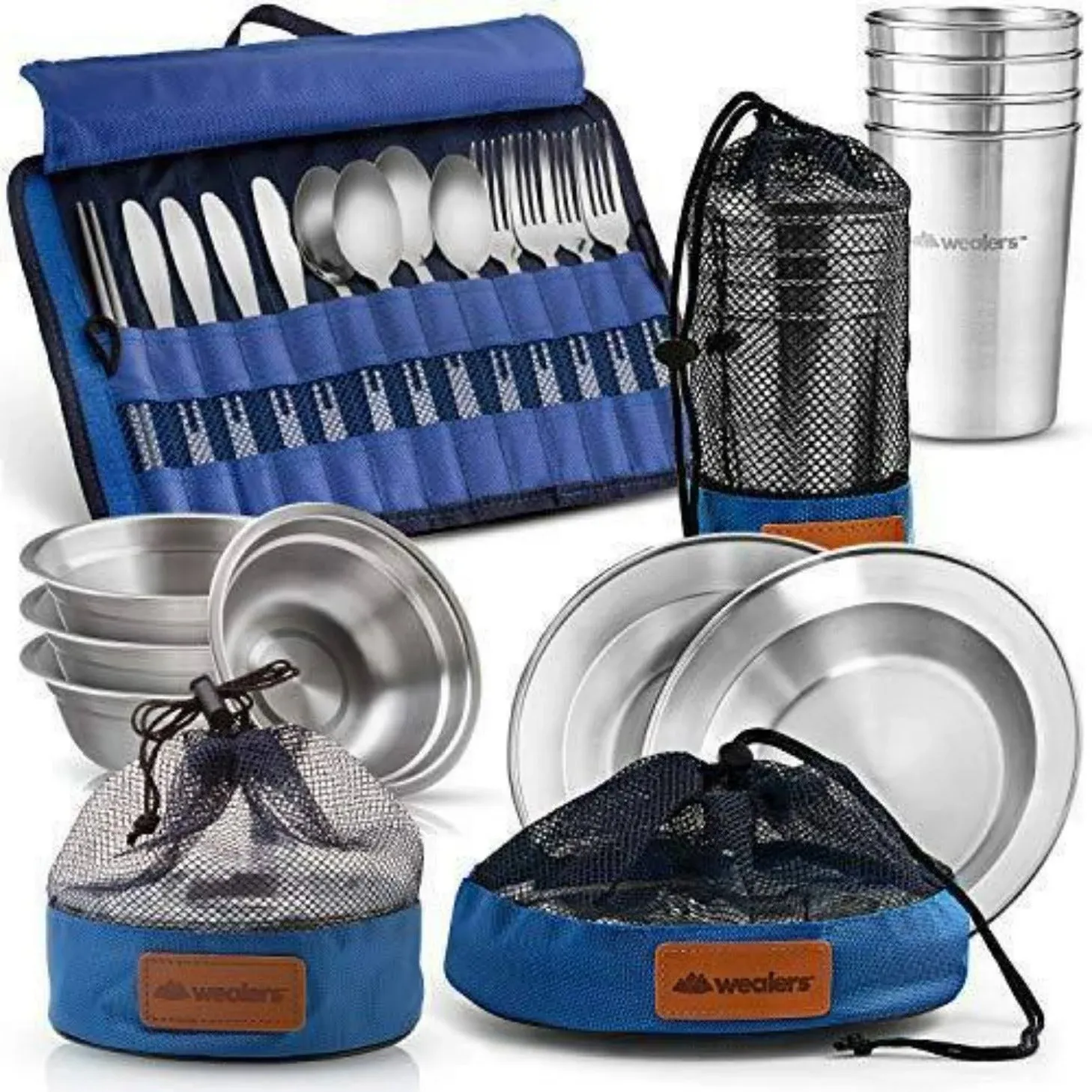 Wealers Unique Complete Messware Kit Polished Stainless Steel Dishes Set| Tableware| Dinnerware| Camping| Buffet| Includes - Cups | Plates| Bowls| Cutlery| Comes in Mesh Bags (4 Person Set)