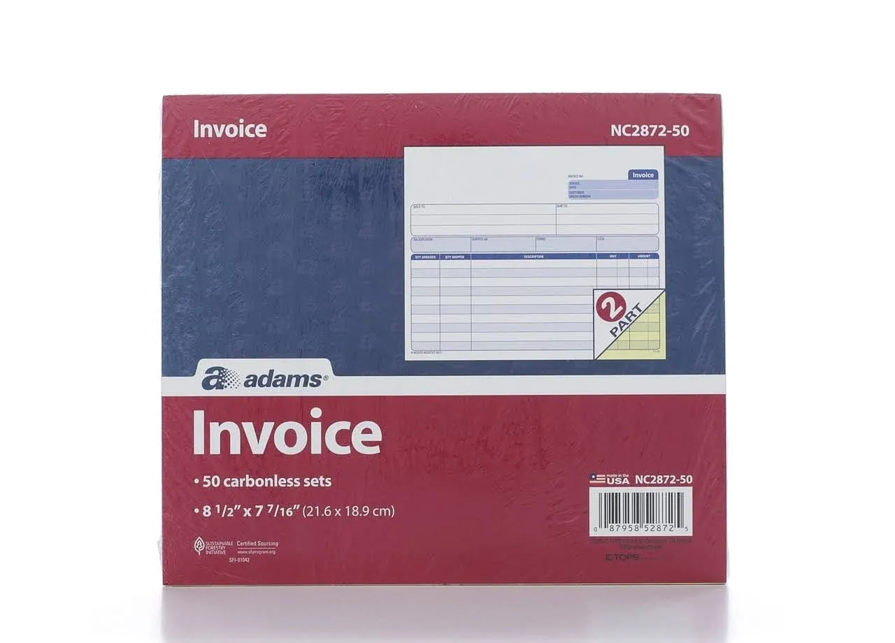 Adams Carbonless Invoices 2-Part 8-1/2 x  7 7/16”. NC2872-50