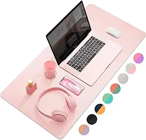 Dual-Sided Multifunctional Desk Pad, Waterproof Desk Blotter Protector, Leather Desk Wrting Mat Mouse Pad (31.5" x 15.7", Pink)