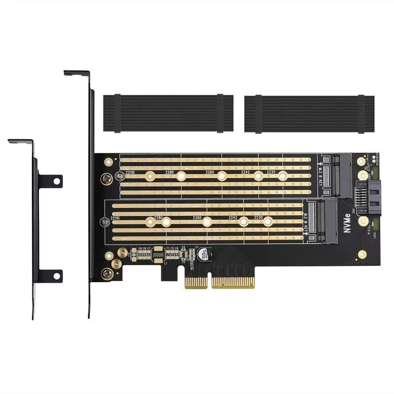 Dual M.2 PCIe Adapter for SATA or PCIe NVMe SSD with Advanced Heat Sink Solution M.2 SSD NVMe (M Key) and SATA (B Key) 22110 2280 2260 2242 2230 to P