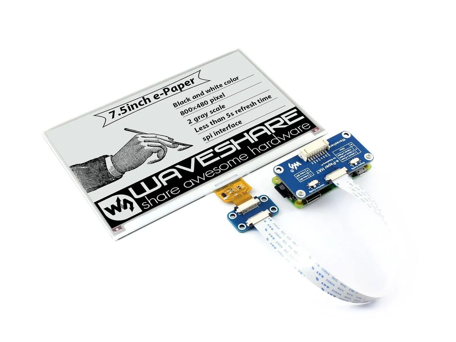 Waveshare 7.5inch E-Ink Display Hat for Raspberry Pi - 800x480