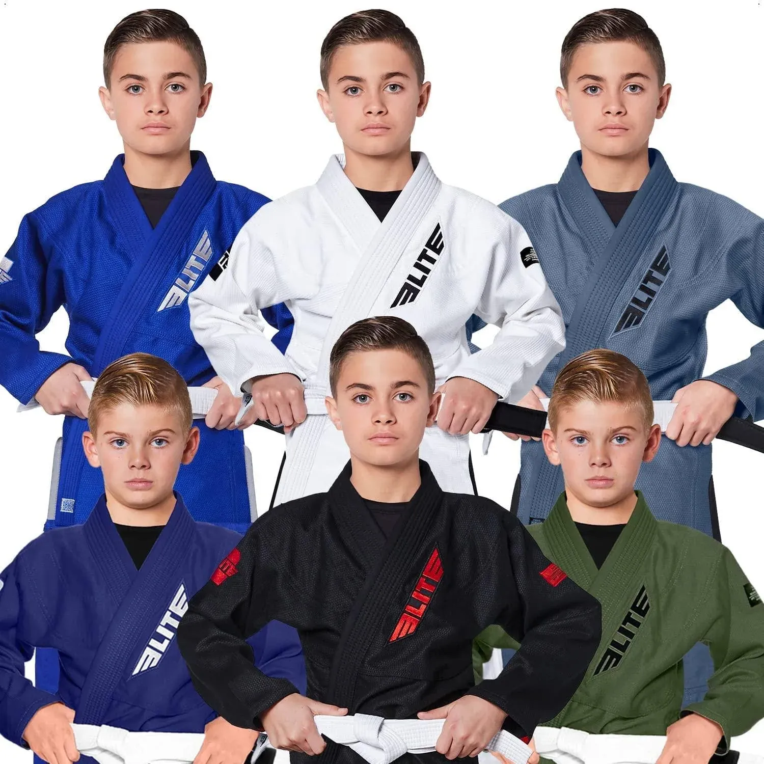 Elite Sports Kids BJJ Gi, Youth IBJJF Childrens Brazilian Jiujitsu Gi Kimono W/Preshrunk Fabric & Free Belt