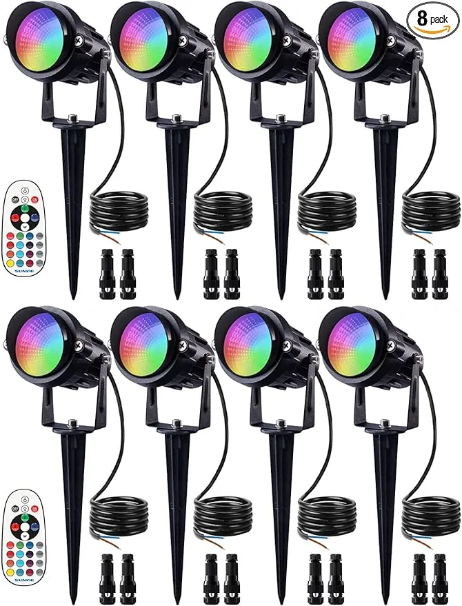 SUNVIE 12W RGB Color Changing Landscape Lights Low Voltage LED Landscape Lighting Remote Control Spotlight Waterproof Garden Pathway Christmas Decorative Lights Outdoor Indoor, 8 Pack with Connector