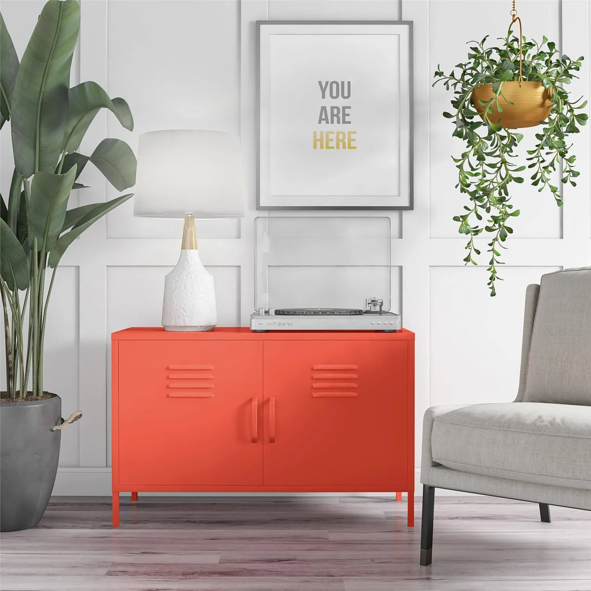 Novogratz Locker Accent Cabinet 25.2&#034;Hx39.37&#034;W<wbr/>x15.75&#034;D Metal W/2-Door Orange