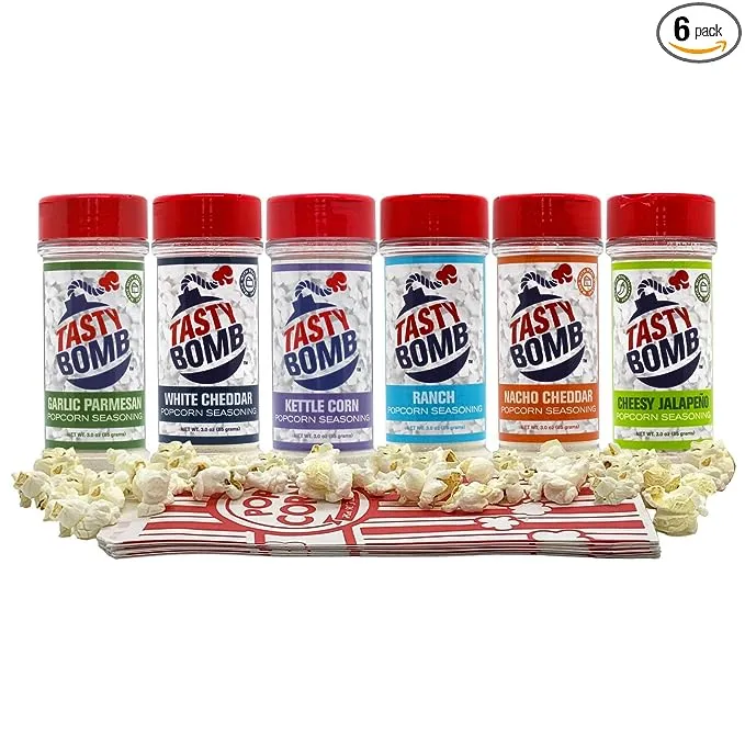 Flavorful Popcorn Seasoning Variety Pack – 6 Seasonings in White Cheddar Cheese, Ranch, Garlic Parmesan & More – Gluten-Free Keto Snack for Movie Nights & Gifts by Tasty Bomb, 2.8-3 Oz.