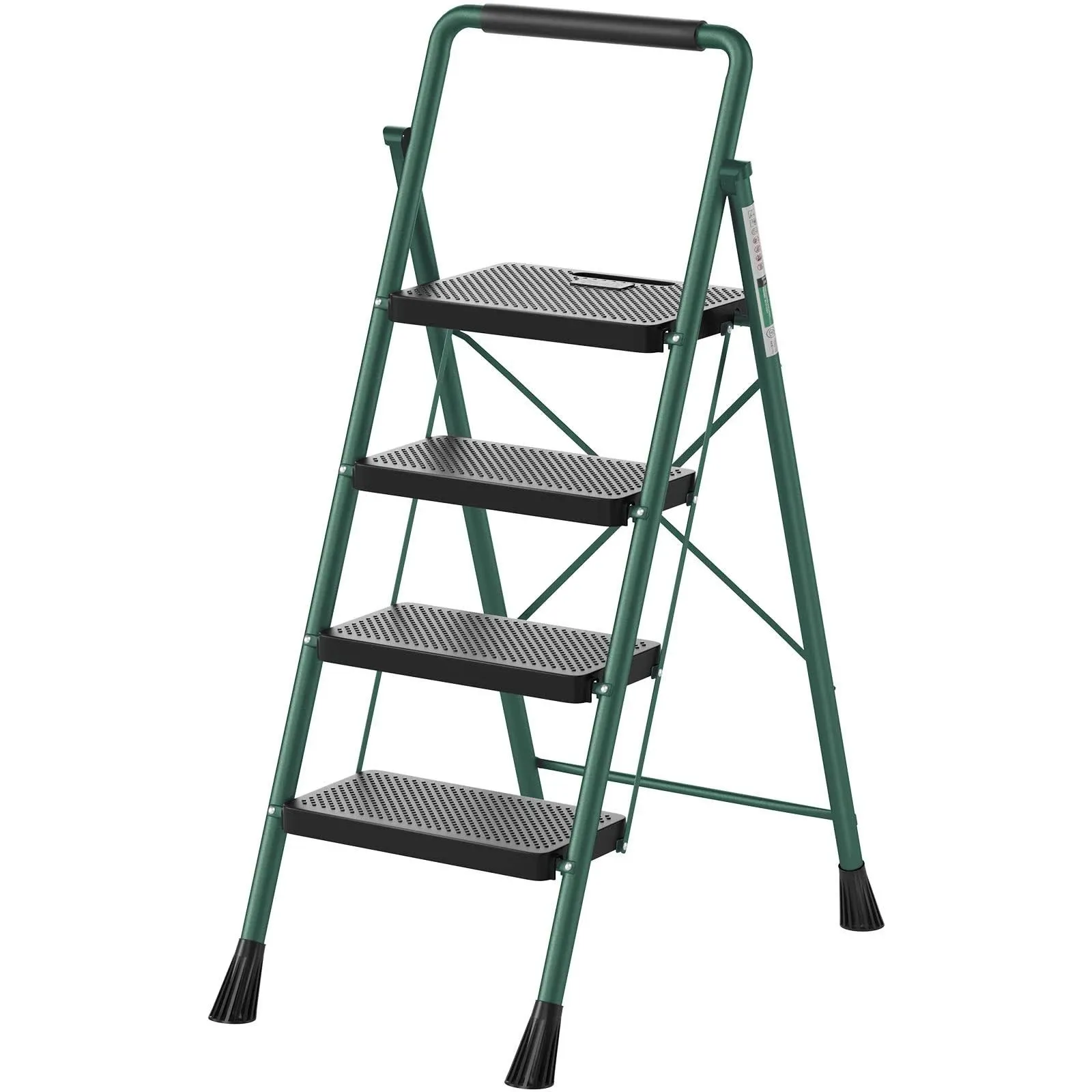 4 Step Ladder, RIKADE Folding Step Stool, Step Stool with Wide Anti-Slip Pedal, Lightweight, Portable Folding Step Ladder with Handgrip, Multi-use Steel Ladder for Household and Office Black