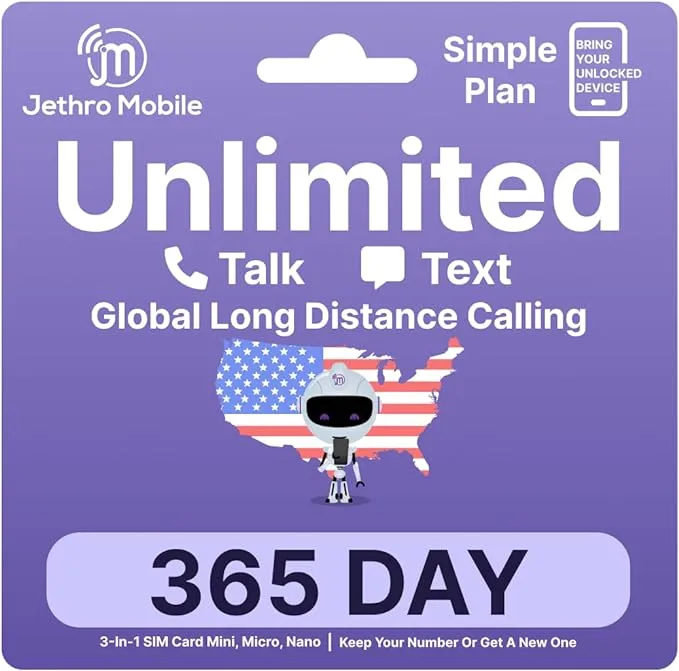 Jethro Mobile GSM SIM Card, Unlimited Talk & Text (No Data), International Calling, Easy Activation, BYOP 3-in-1 SIM Kit, Prepaid Plan (1 Year)