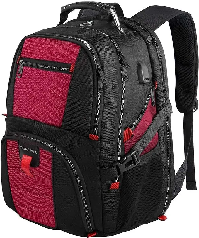 YOREPEK 18.4 Laptop Backpack,Large Backpacks Fit Most 18 Inch Laptop with USB Charger Port,TSA Friendly Flight Approved Weekend Carry on Backpack with Luggage Strap for Men and Women, Red