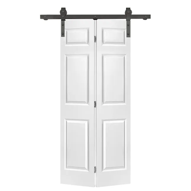 36 in. x 80 in. 6-Panel Primed MDF Composite Bi-Fold Barn Door with Sliding Hardware Kit