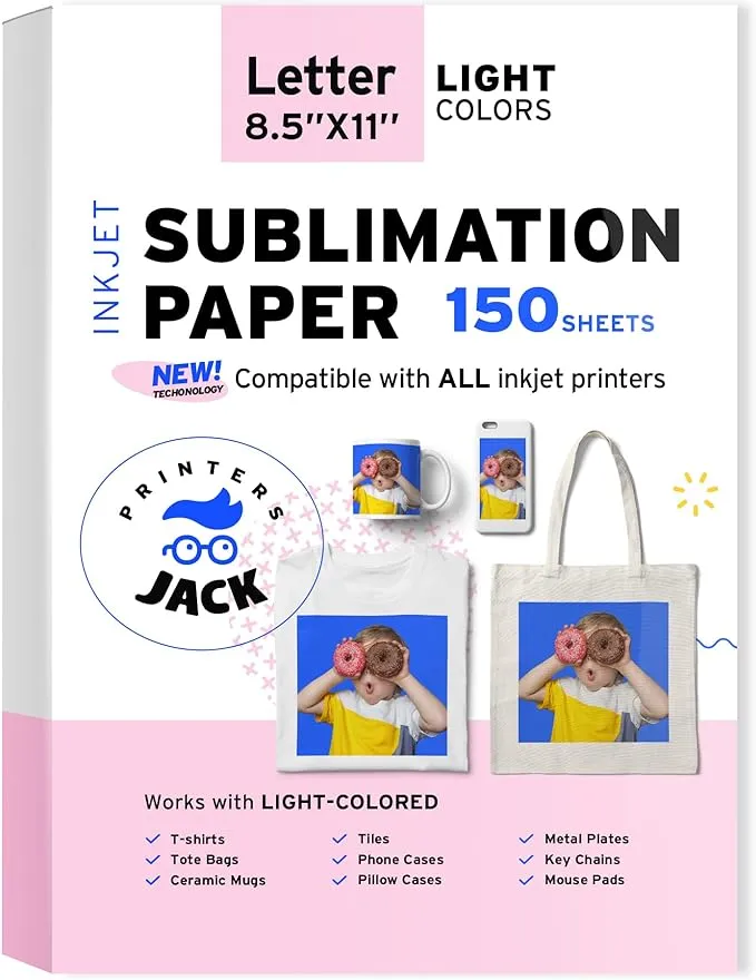 Printers Jack Sublimation Paper - 8.5 x 11 Inches, 100 Sheets 120gsm for Any Epson Sawgrass Inkjet Printer with Sublimation Ink, Heat Transfer