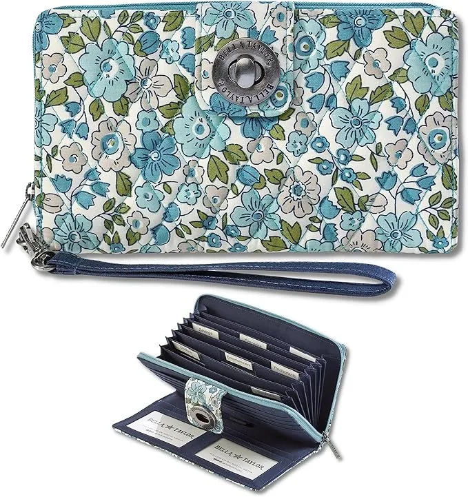 Delicate Floral Blue RFID Cash System Wallet