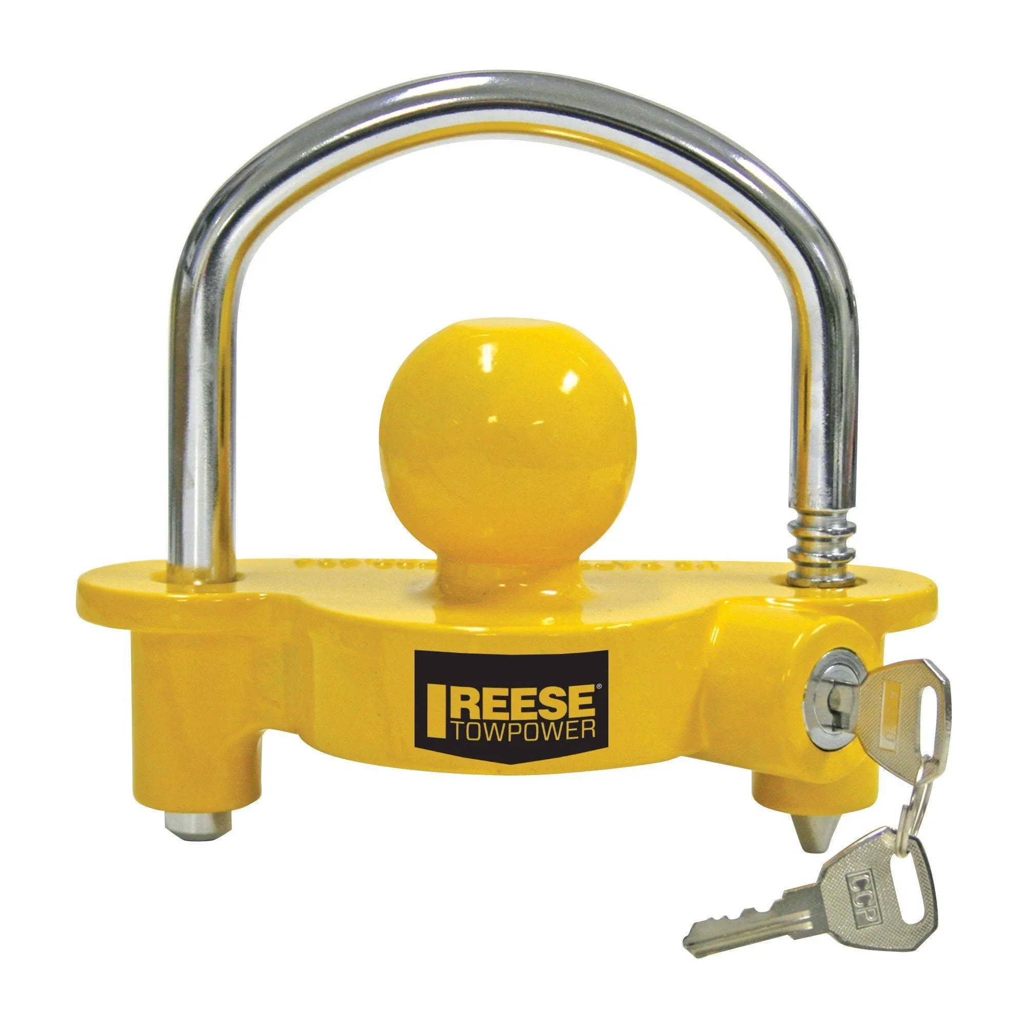 REESE Towpower 72783 Coupler Lock, Adjustable Storage Security, Heavy-Duty Steel, Yellow and Chrome