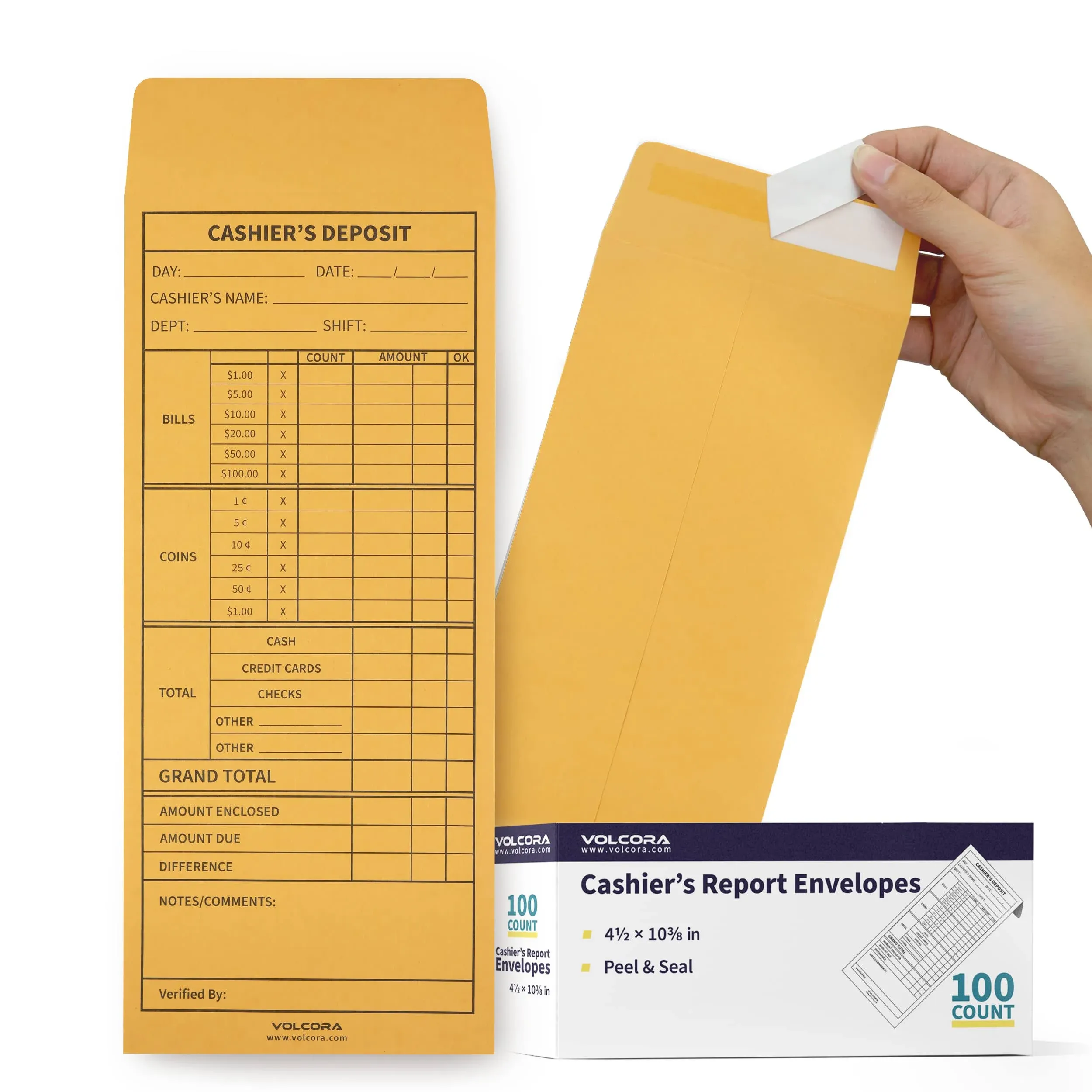 Volcora 500 Pack Cashier Envelopes, Cash Deposit Envelopes, Self Adhesive Cash Envelopes, Money Envelopes, Brown Kraft Bank Deposit Slips for Retailers, Restaurants, Small Businesses, Stores