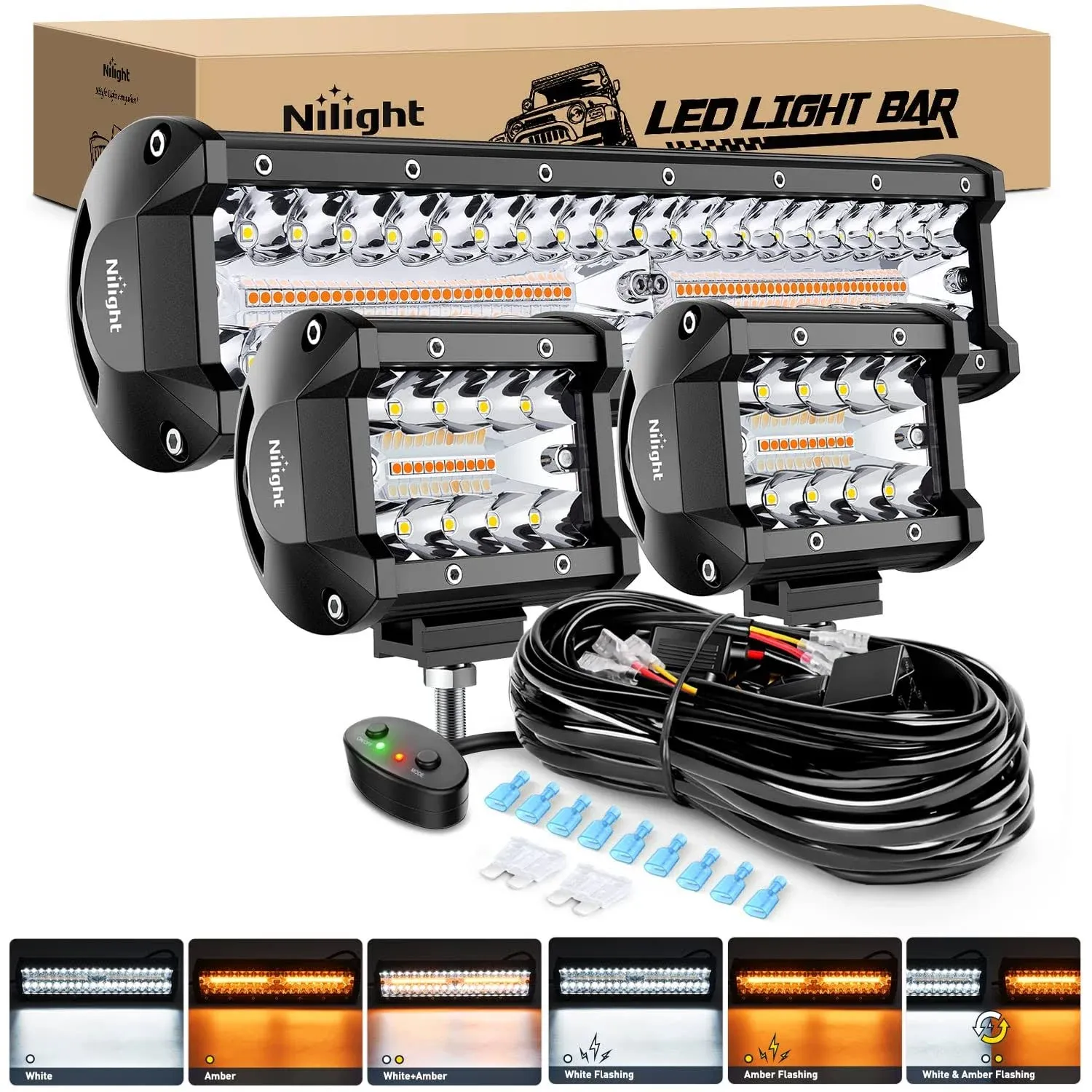 12 Inch 300W Amber White Led Light Bar Kit | 2PCS 4 Inch 60W Light Pods | 16AWG Wire