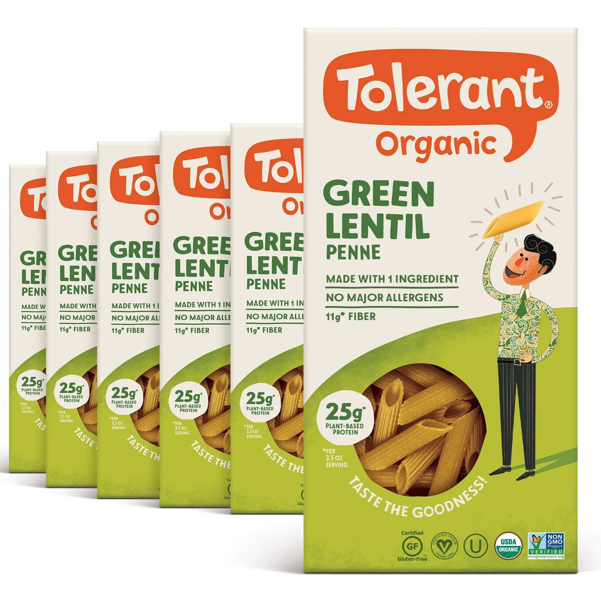 Tolerant Simply Legumes Green Lentil Pasta - Penne - Case of 6 - 8 oz.