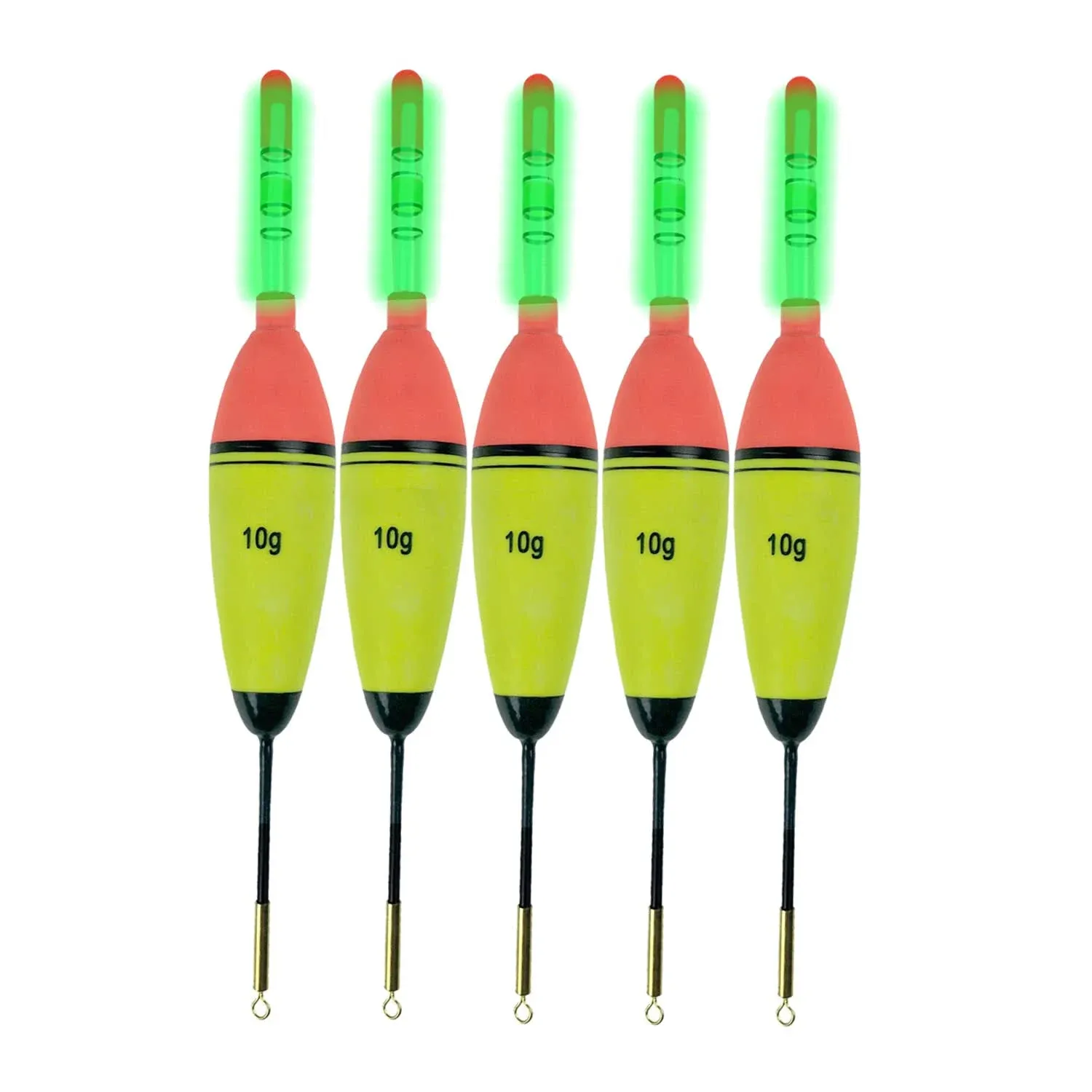 QualyQualy 5pcs Lighted Fishing Bobbers Eva Foam Fishing Floats and Bobbers + 10pcs Fishing Glow Sticks, Night Fishing Light Up Bobbers 10g