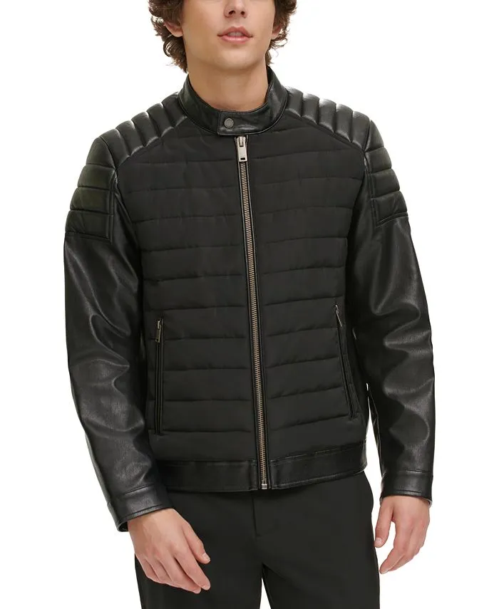 DKNY Men's Mixed Media Faux Leather Puffer Motocros Racer Jacket