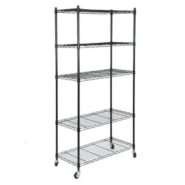 SUPER DEAL Black 5-Shelf Heavy Duty Storage Wire Shelving Unit with Wheels for Restaurant Garage Pantry Kitchen Garage Rack (30L x 14W x 63H)