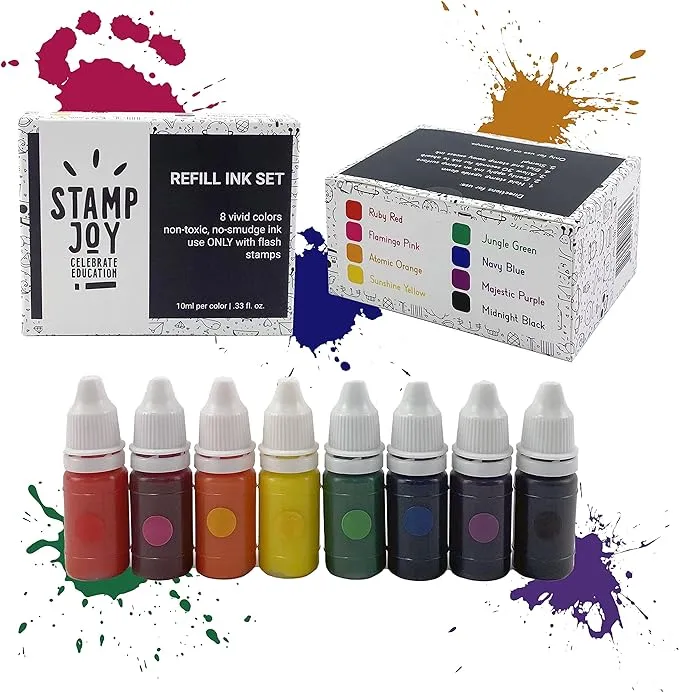 Stamp Joy - Premium Refill Ink for Self Inking Stamps and Stamp Pads, Ink Pads, Water-Based, 8 Color Set