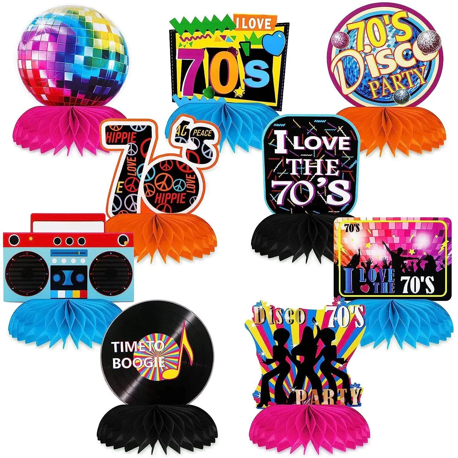 9 Pcs 70s Party Decorations Back to 70s Honeycomb Centerpieces Colorful Disco Party Favors 70's Boogie Centerpieces Disco Cake Topper for 70s Theme Birthday Music Party Decorations Retro Table Decor