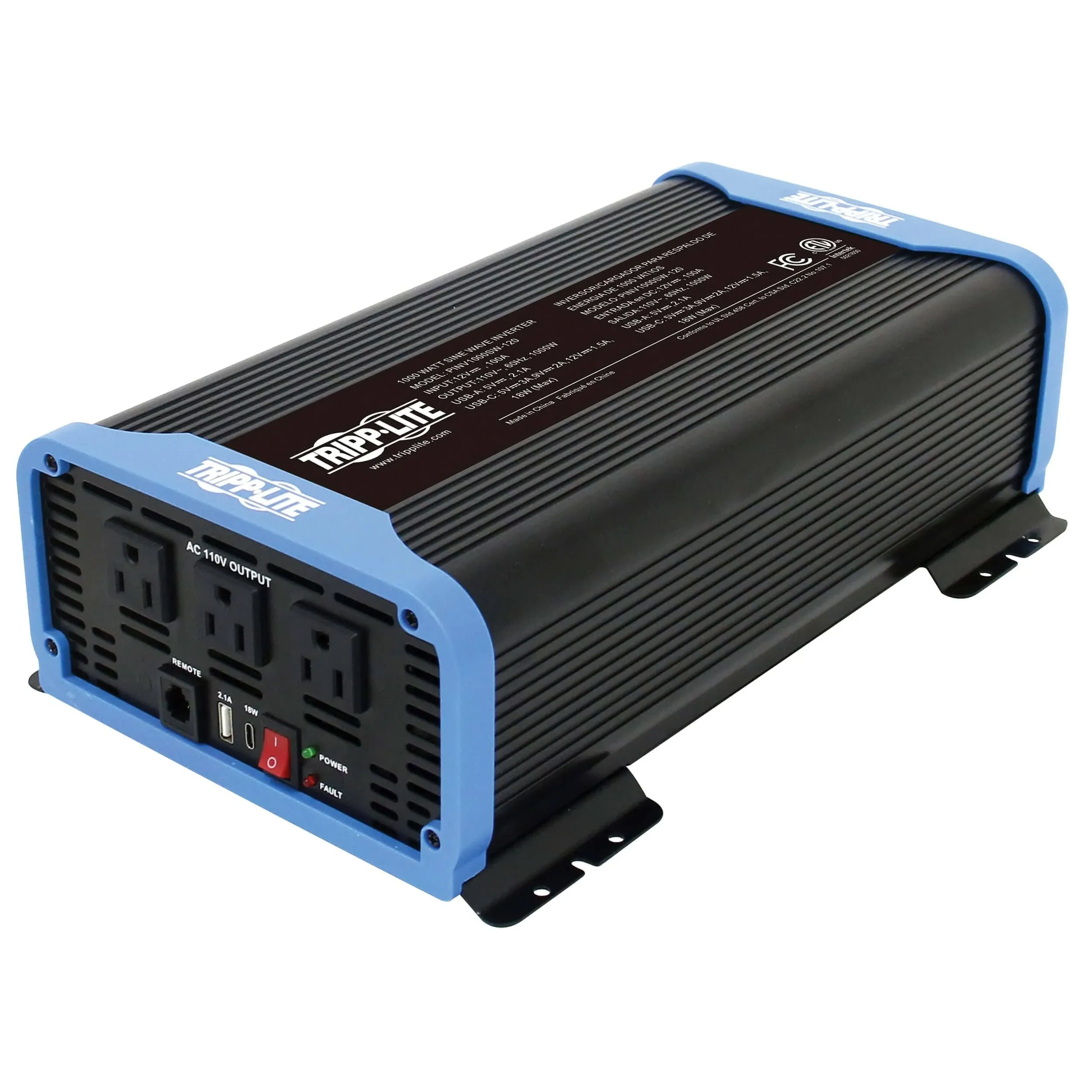 Tripp Lite 1000W Compact Pure Sine Wave Power Inverter, 3 Outlets, 1 USB + 1 USB-C Charging Ports, Remote Control via RJ12 Telephone Cable, 2-Year Warranty (PINV1000SW-120)