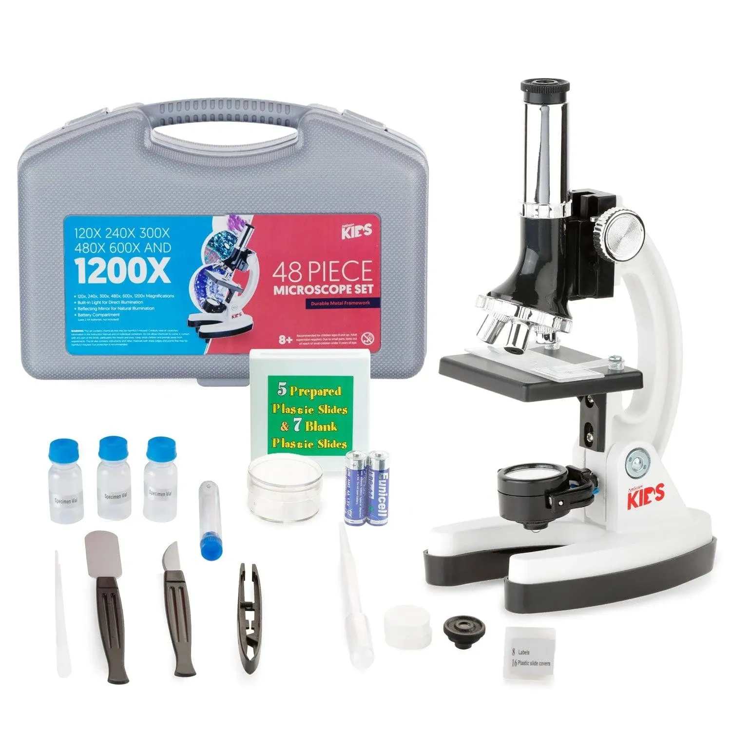 AmScope - FBA_M30-ABS-KT1-W AMSCOPE-Kids M30-ABS-KT1-W 120X-240X-300X-480X-600X-1200X 48pc Metal Arm & Base Educational Kids Biological Microscope Kit