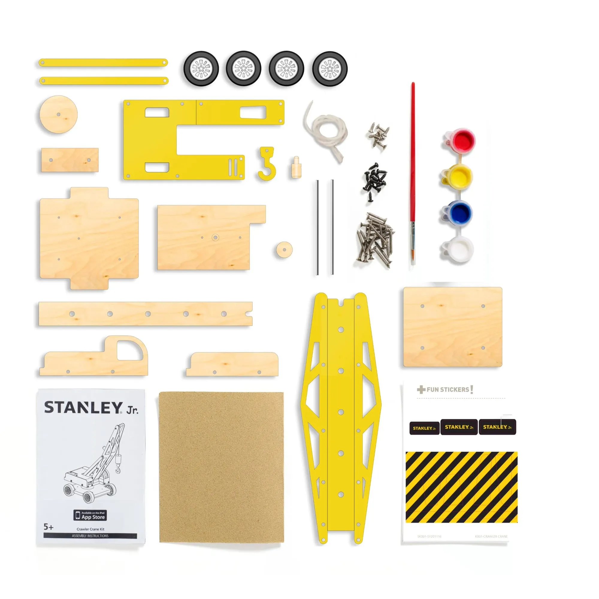 Stanley Jr. STANLEY Jr DIY Yellow Lifting Crane Kit for Kids - Easy Assembly Crane Building Kit - Wood Crane Toy Craft - Wood, Paint & Decals Included