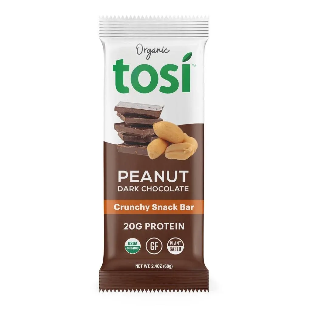 Tosi Dark Chocolate Peanut Protein Bars, Plant Based with Nuts, Gluten-Free Crunchy Snacks, Vegan, Organic, Flax & Chia Seeds, Soy-Free, Omega 3s, 20G Protein, 2.4 oz, 12-Pack