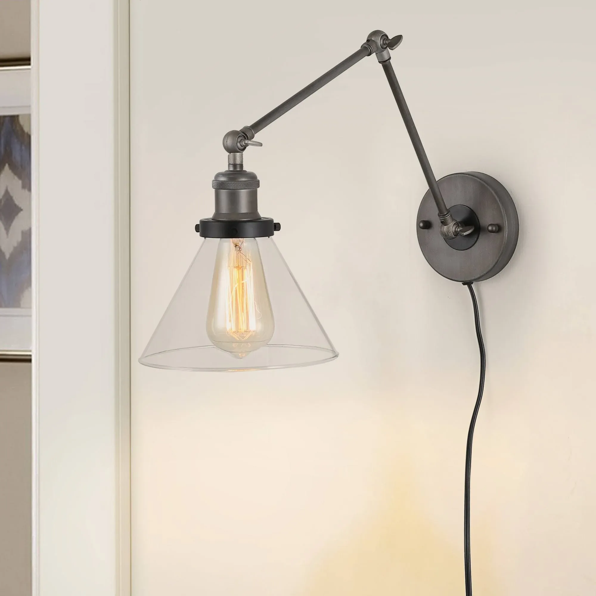 LNC Swing Arm Wall Sconce Lighting, Glass Lamp with Plug in Cord for Bedroom, Reading