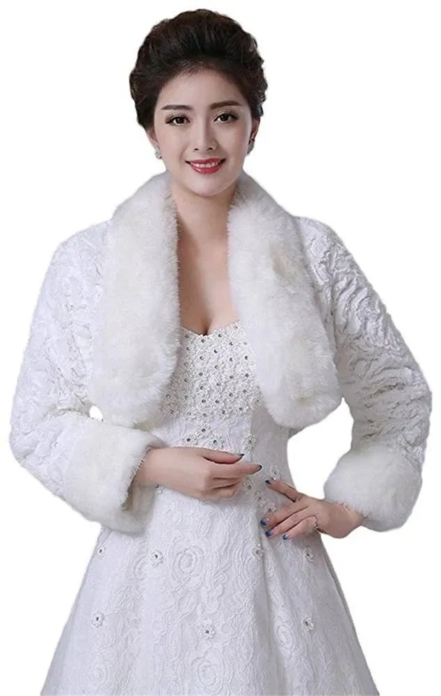 Oncefirst Women's Winter Faux Fur Wedding Jacket for Bride Wrap Shawl Bolero ...