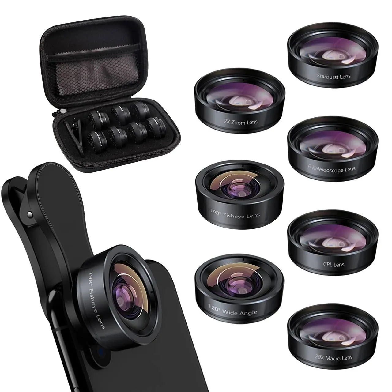 Keywing Upgraded Phone Lens Kit 7in1 Kits Fisheye Lens, 2x Telephoto Lens+198° Fish Eye +120° Wide Angle + 20X Macro Lens + CPL + Kaleidoscope