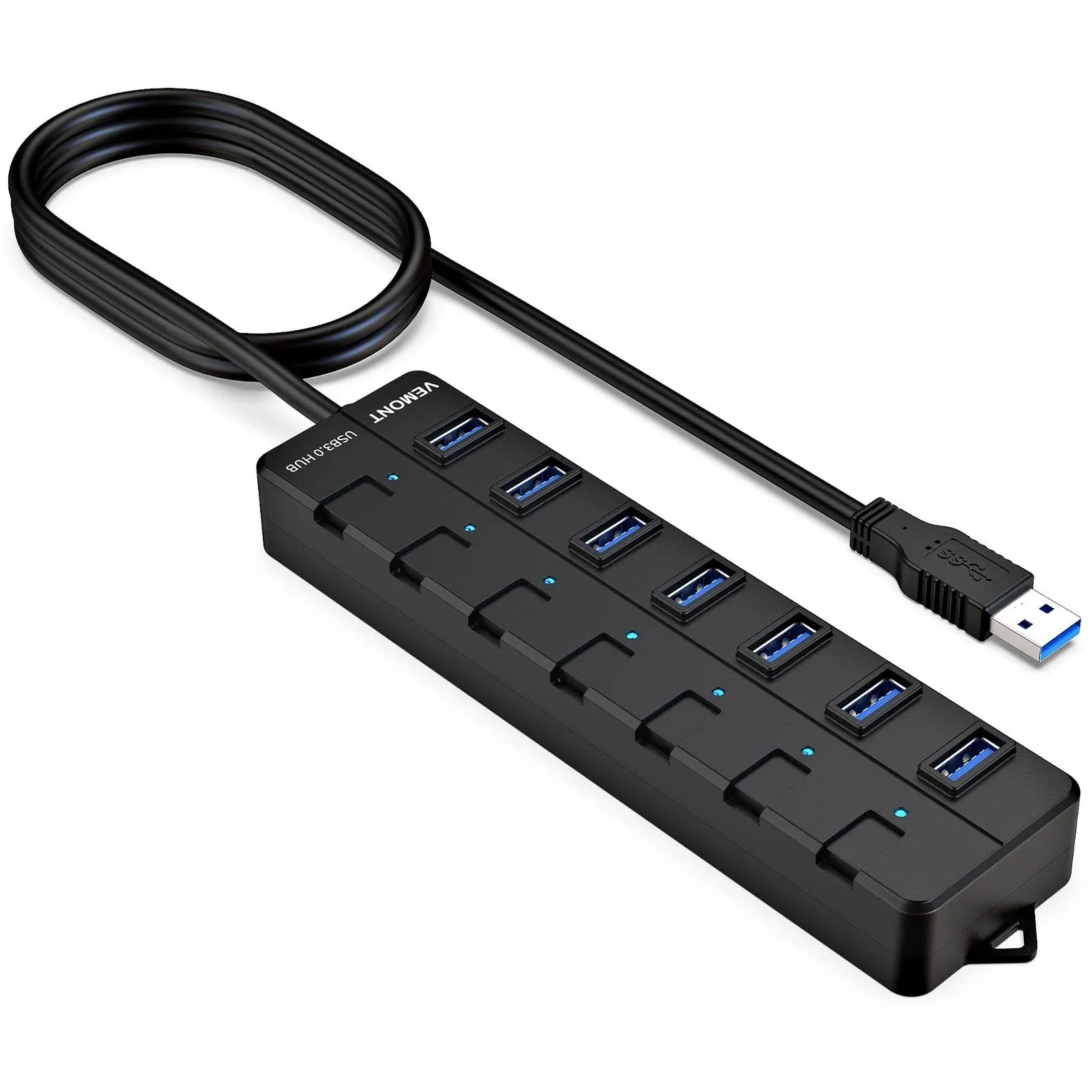 USB hub,7 Port USB 3.0 Hub,VEMONT 3.0 USB Splitter with Individual On/Off Switches and Lights, 4ft/1.2m USB HUB Long Cable, USB Extension for Laptop and PC Computer