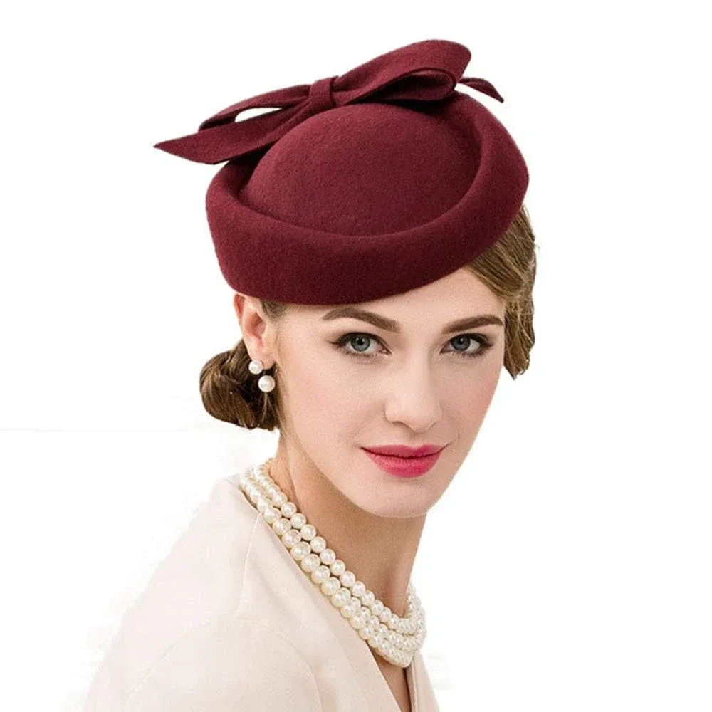 F FADVES British Style Pillbox Hat Retro Wool Fascinator Wedding Derby Church ...