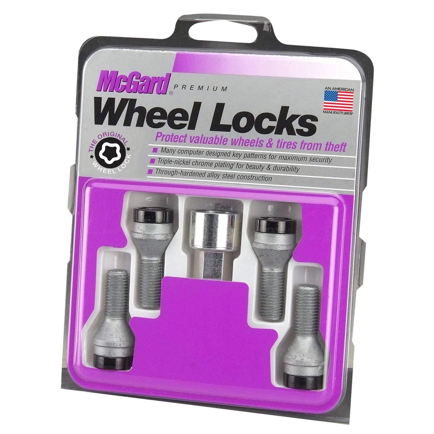 McGard 27316 Black Bolt Style Cone Seat Wheel Lock Set (M12 x 1.25 Thread Size) - Set of 4 Locks and 1 Key