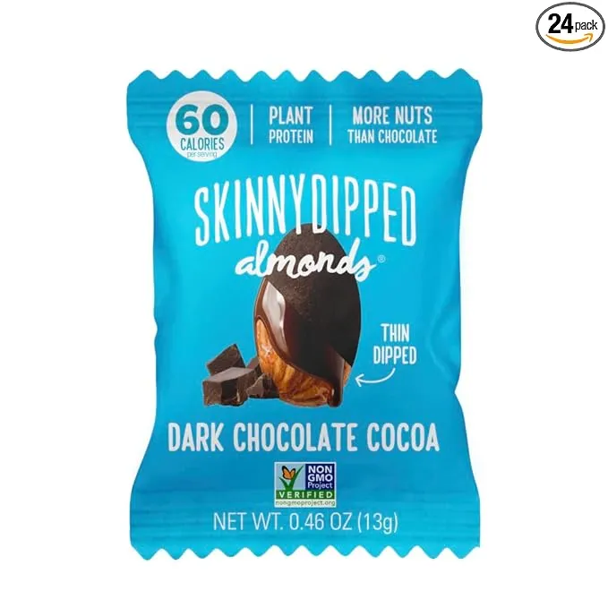 SkinnyDipped Dark Chocolate Cocoa Almonds, Healthy Snack, Plant Protein, Gluten Free, 0.46 oz Mini Bags, Pack of 24