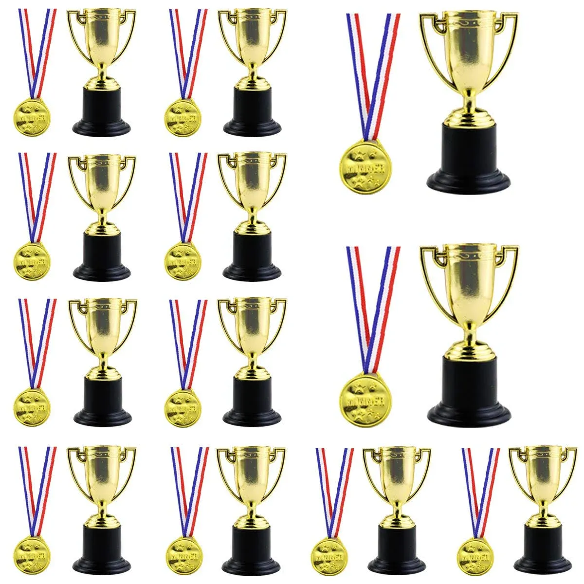 Twdrer 24PCS Mini Trophies and Awards Set,12PCS 4 Inch Gold Plastic Trophy Cup and 12 PCS Shiny Golden Winner Medals for Kids and Adults,Party Favors