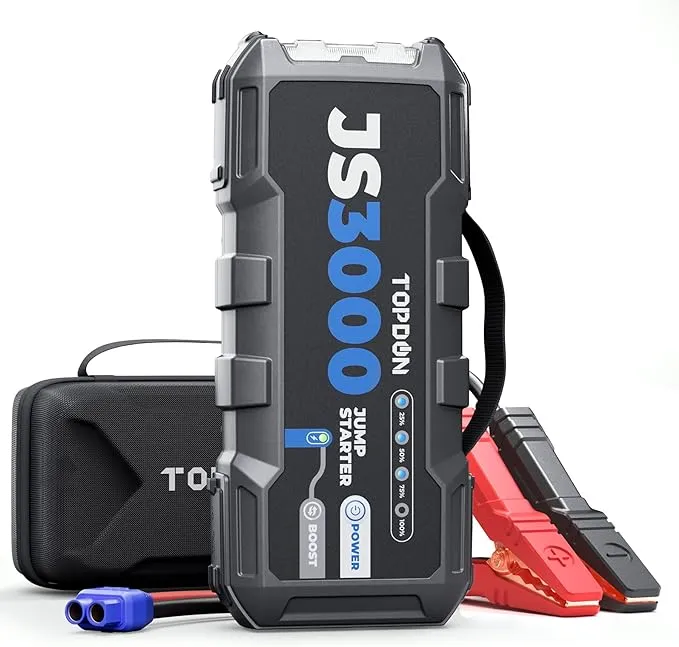 TOPDON JS3000 12V 3000A Battery Booster Jump Starter Pack for Up to 9L Gas/ 7L Diesel Engines, Portable Car Battery Charger with Handle Jumper Cable and EVA Protection Case