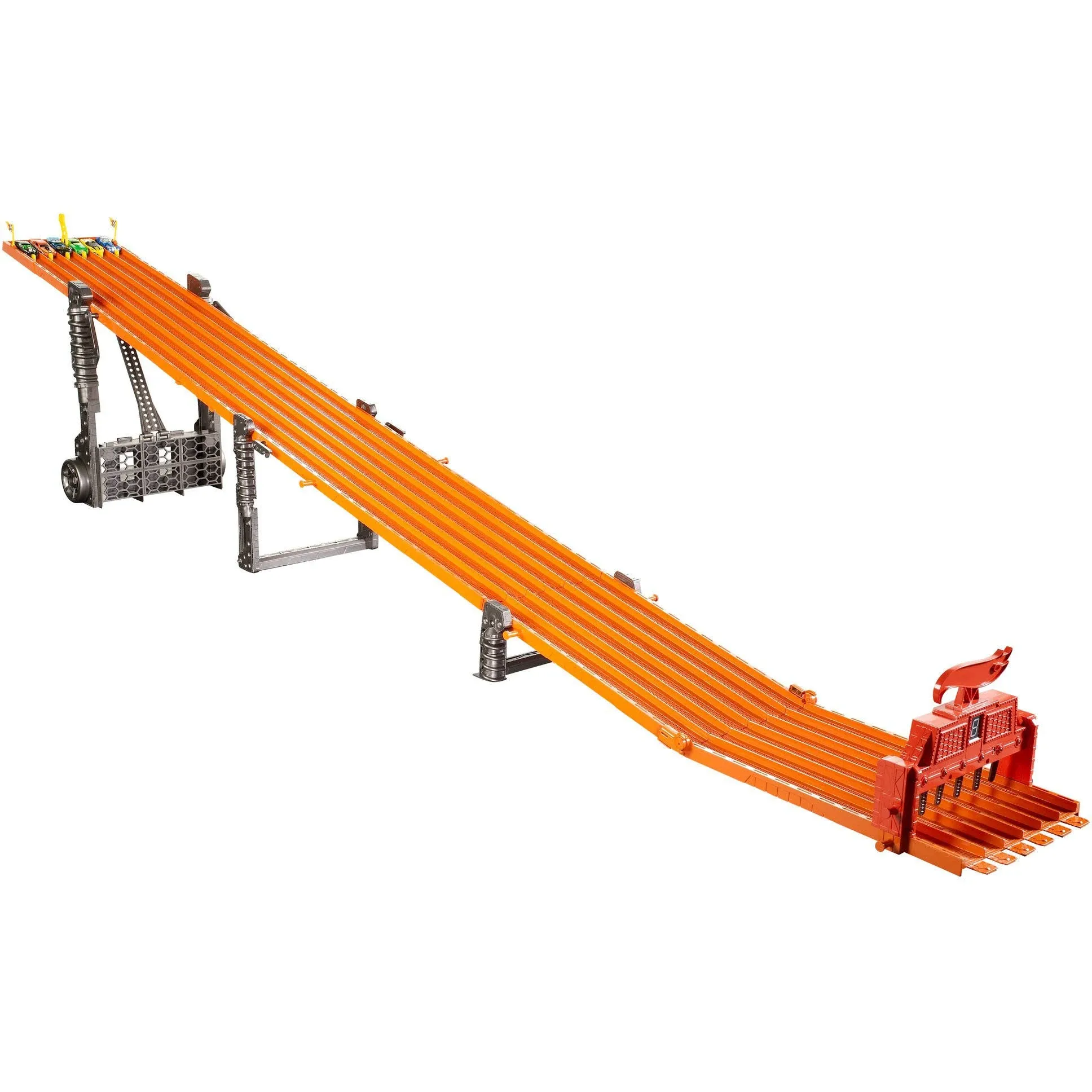 Hot Wheels Toy Car Track Set Super 6-Lane Raceway, 8Ft Track That Rolls Up for Storage, 6 1:64 Scale Cars 