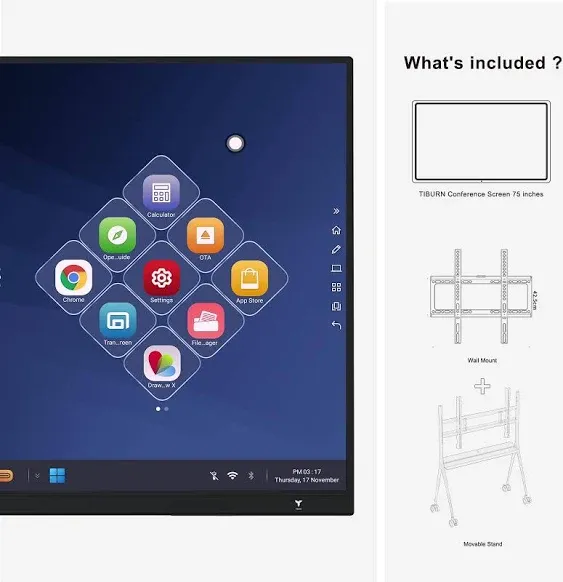 Smart Board, R2 75" Smart Digital Whiteboard,4K UHD Touch Screen All-in-One Computer for Office and Classroom with an Open App Ecosystem（Board+ Movable Stand+Wall Mounting）