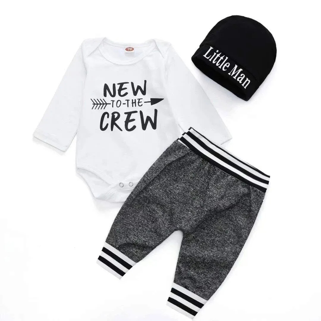 Baby Boy Clothes Cute Infant Outfits Letter Print Bodysuit Long Sleeve Romper + Pants + Hat Clothing Set 3PCS