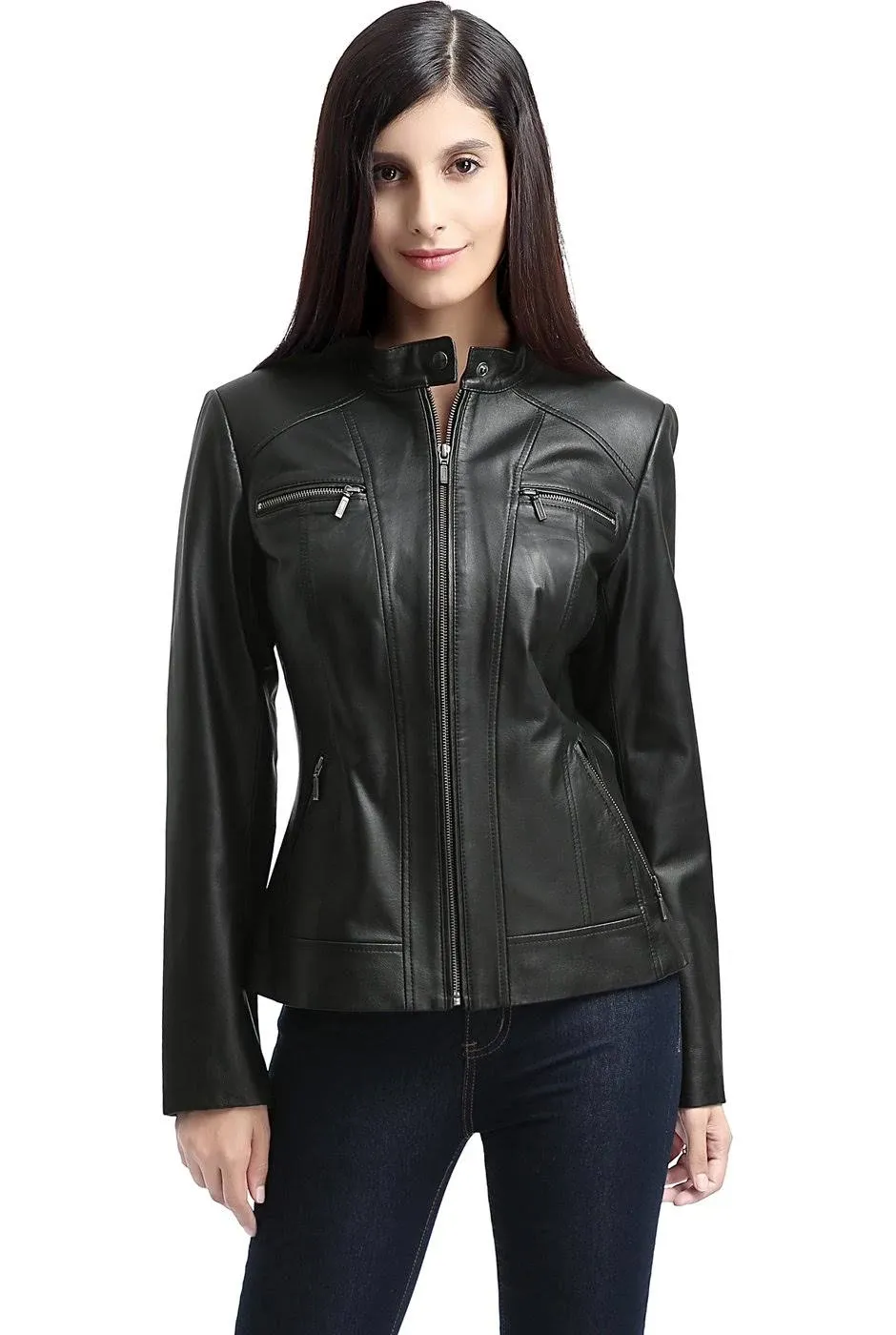 BGSD Women Mila Zip Front Lambskin Leather Jacket Black Small