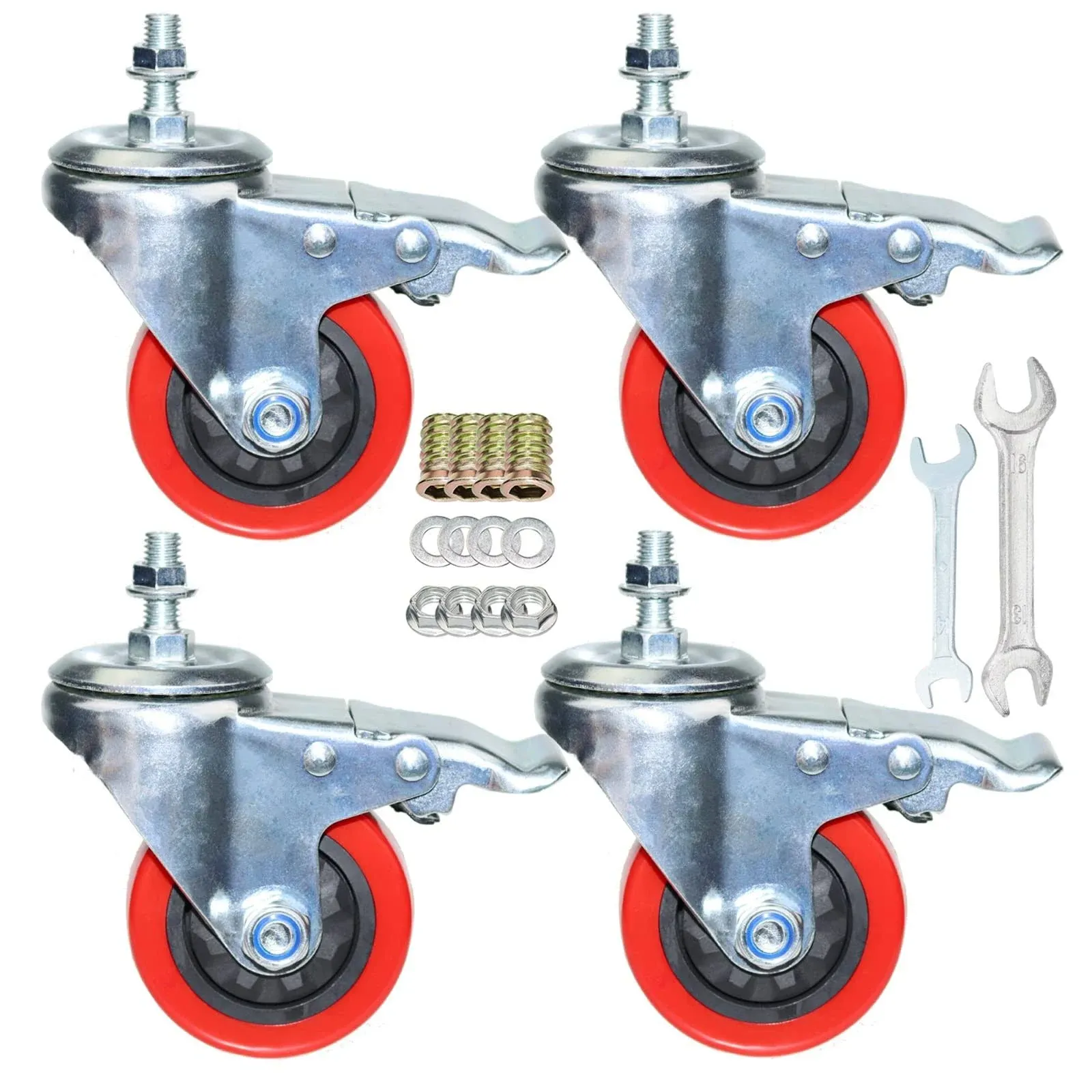 Heavy Duty Stem Caster Wheels M10-1.5X25mm Dual Locking No Noise PVC Threaded Stem Caster Wheels Pack of 4 for Workbench, Dolly, Furniture (4 Inch, Orange)