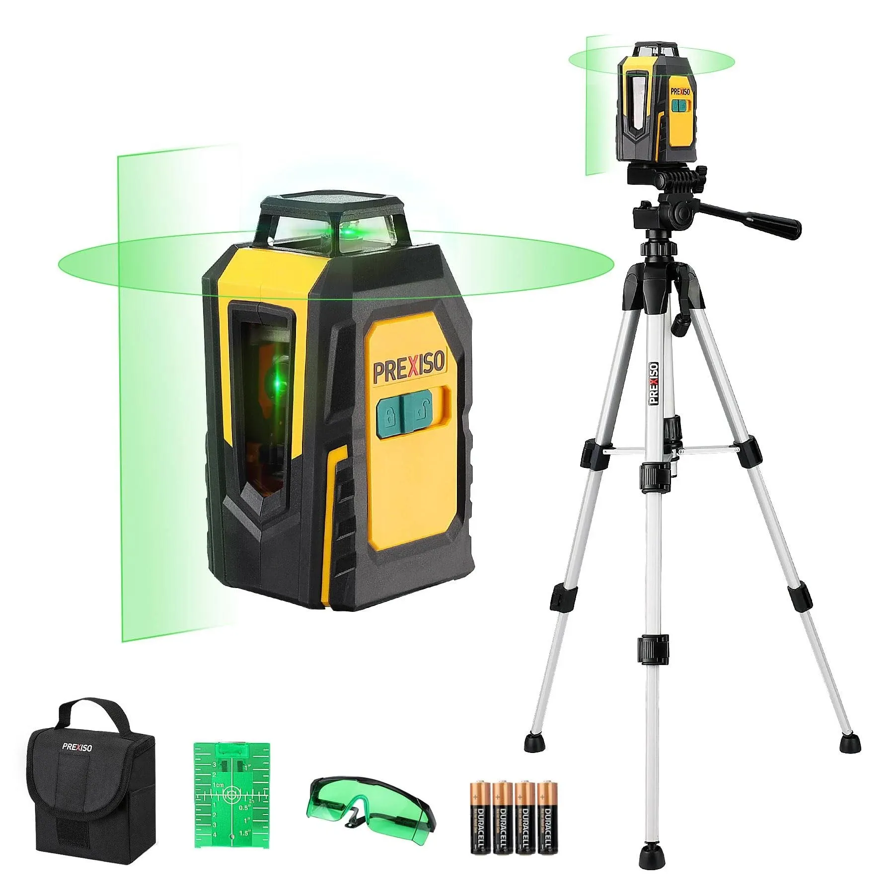 PREXISO 360° Laser Level with Tripod, 100Ft Cross Line Leveler- Green Horizontal Line Laser Level Self Leveling for Construction, Floor Tile Renovation with Target Plate, Green Glasses, 4 AA Batteries