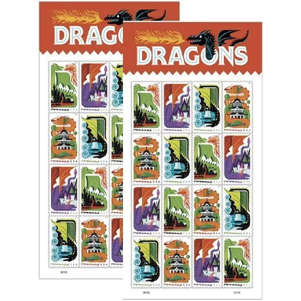 Dragons - 2018 USPS Forever First Class Postage Stamps (2 Sheets of 16)