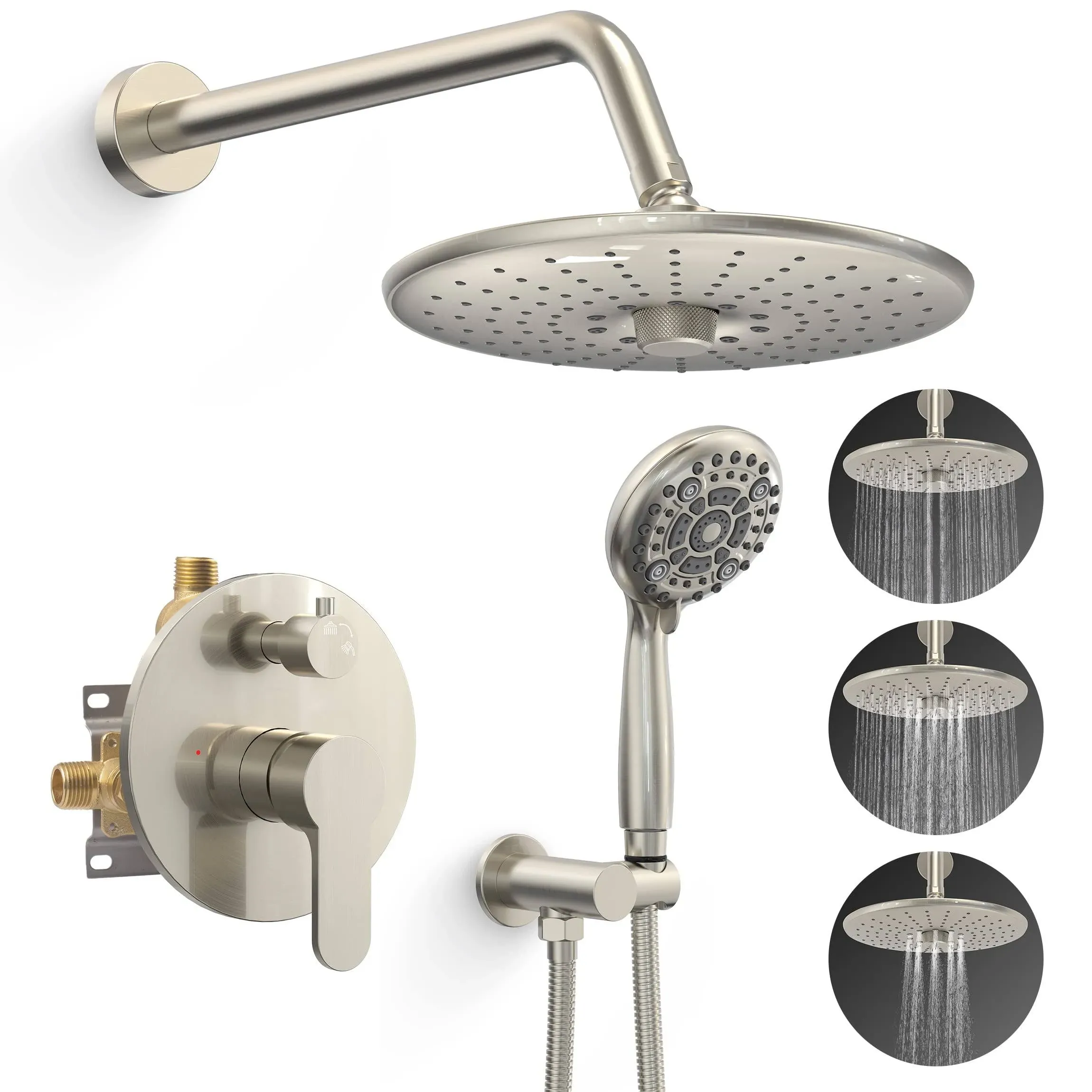 SR SUN RISE Shower Faucet - 3 Function High Pressure 10 Inch Shower Head System- 6 Setting Handheld Shower Head Fixtures- Valve Included - Brushed Nickel