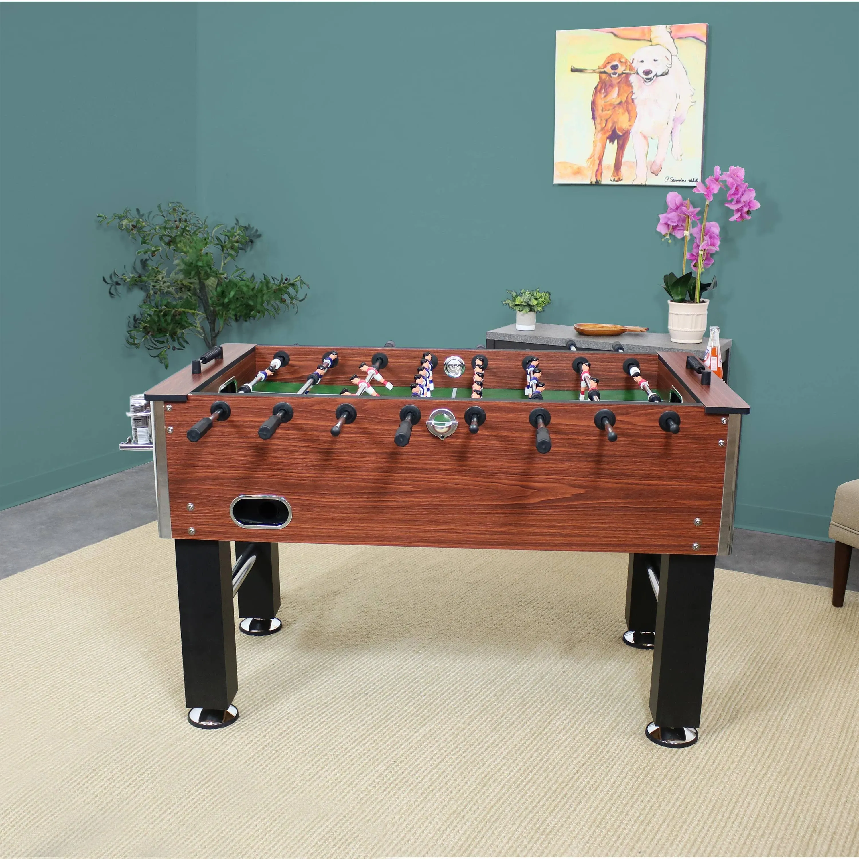 Sunnydaze 55-Inch Foosball Table Adult Size - Soccer Arcade Game Table - 2 Drink Holders - 2 Balls - 4 Leg Levelers - Faux Wood